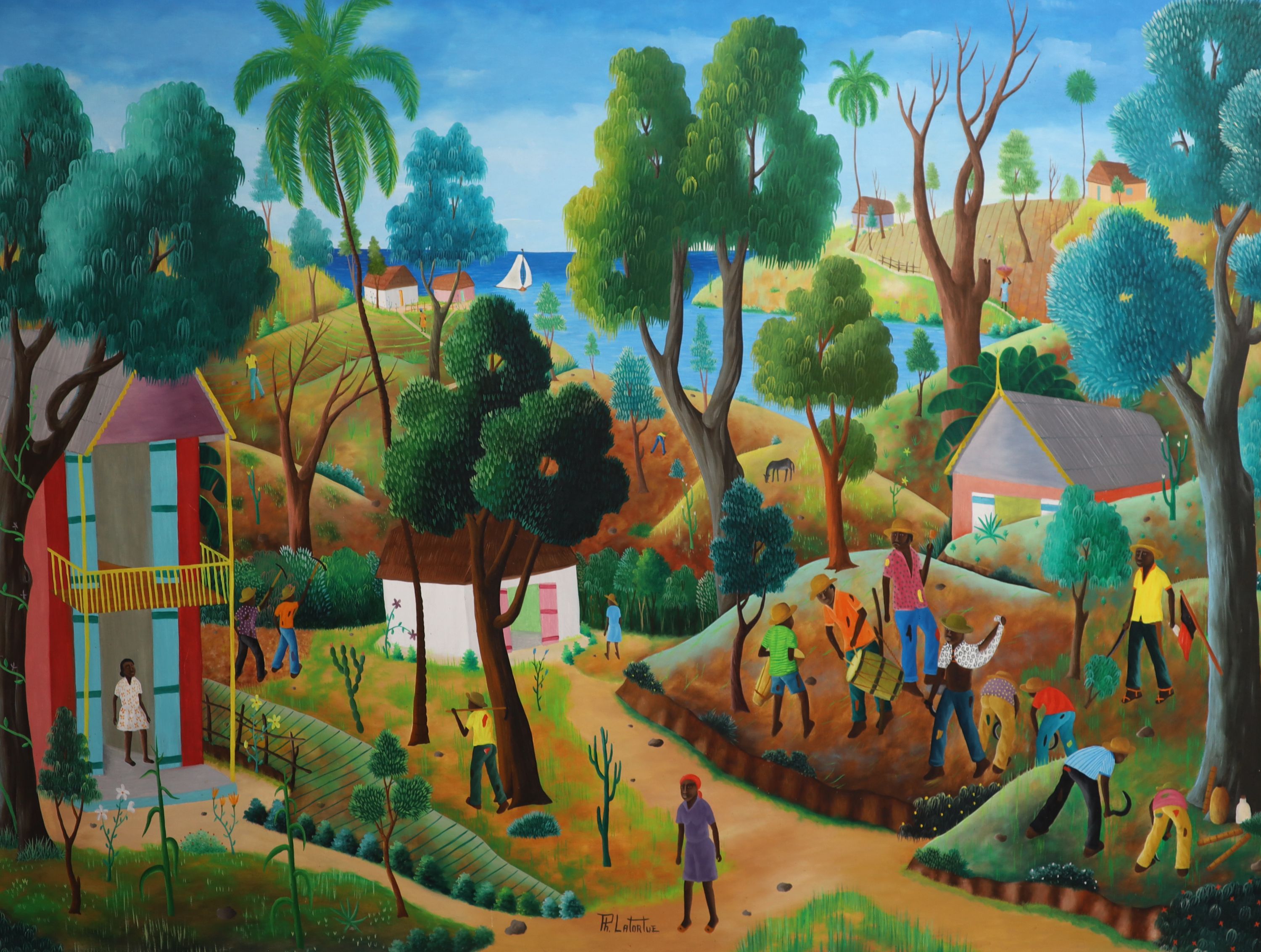 Philton Latortue (Haitian, b.1944), Coastal village with figures, Oil on board, 90 x 121 cm.